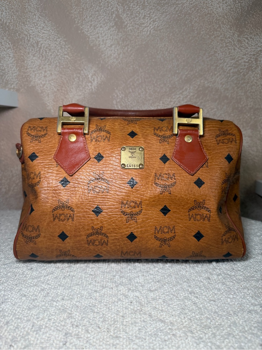 MCM Cognac Visetos Monogram Leather Satchel with Red-Brown Trim